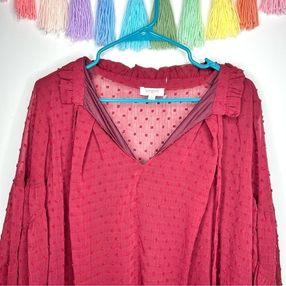 Umgee Swiss Dot Red Burgundy Boho Long Sleeve Tunic Dress Size Large - Picture 7 of 12